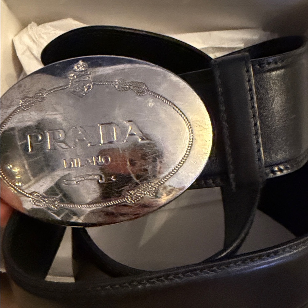 Prada Black Belt with Silver Buckle